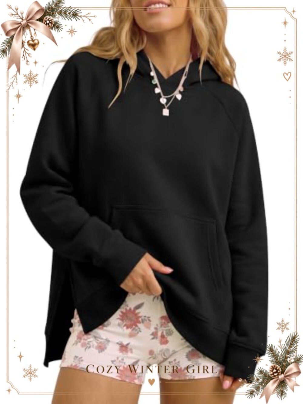 Oversized Hoodie Pullover Long Sleeve Kangaroo Pocket Side Slit Thick Fleece